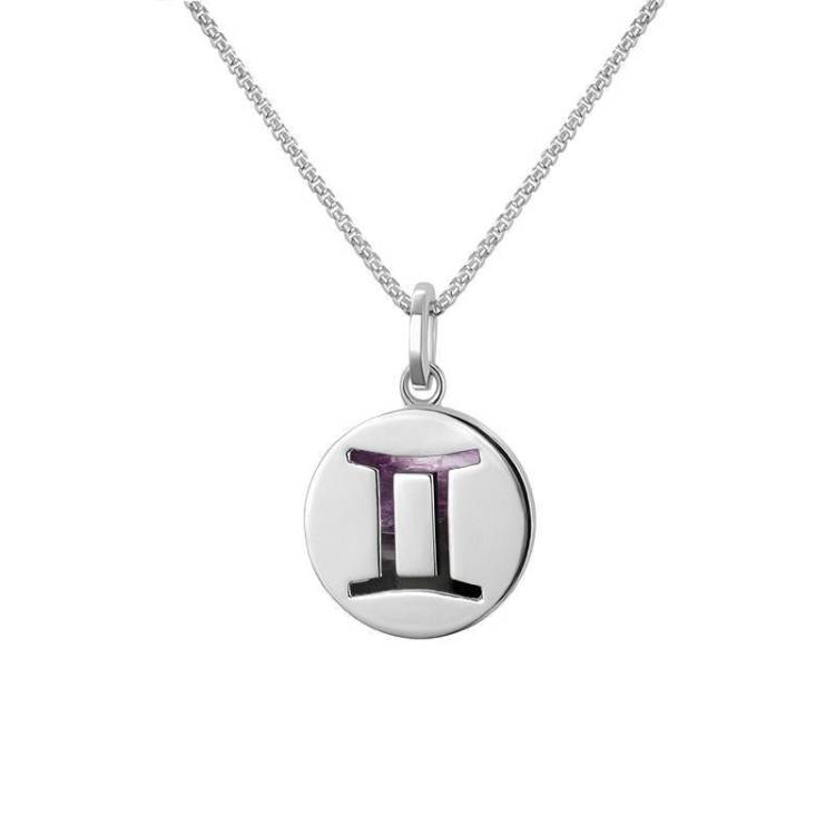 Sterling Silver Blue John Zodiac Gemini Round Necklace - Silver