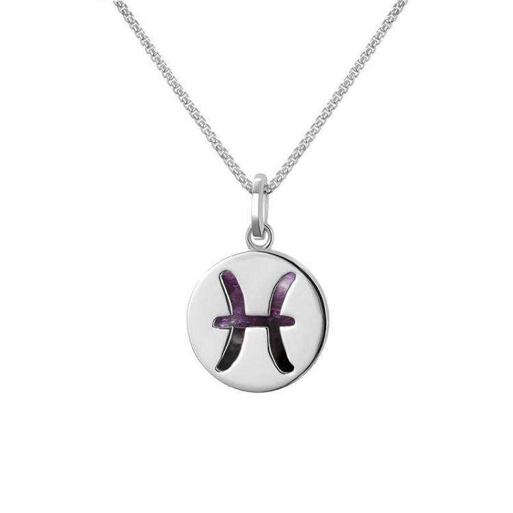 Sterling Silver Blue John Zodiac Pisces Round Necklace - Silver