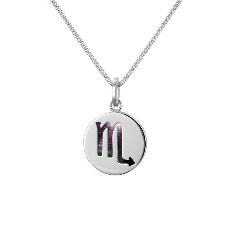 Sterling Silver Blue John Zodiac Scorpio Round Necklace - Silver