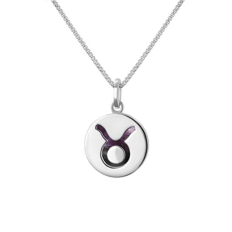 Sterling Silver Blue John Zodiac Taurus Round Necklace - Silver