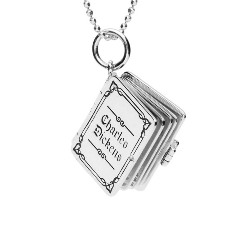Sterling Silver Charles Dickens Christmas Hinged Book With Pages Charm Necklace - Option1 Value Silver