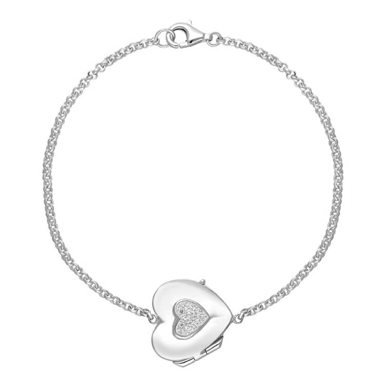 Sterling Silver Cubic Zirconia Heart Keepsake Locket Bracelet - Silver