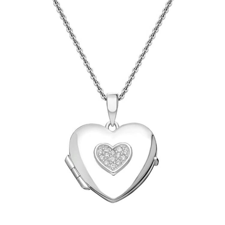 Sterling Silver Cubic Zirconia Heart Keepsake Locket - Silver
