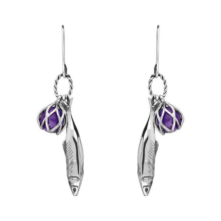Sterling Silver Emma Stothard Silver Darling Amethyst Float Charm Hook Earrings