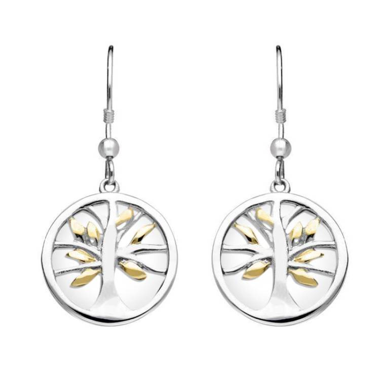 Sterling Silver Gold Plate Bauxite Round Tree of Life Drop Earrings