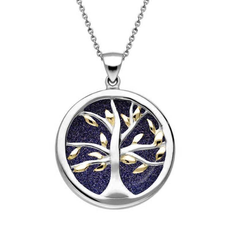 Sterling Silver Gold Plate Blue Goldstone Medium Round Tree of Life Necklace