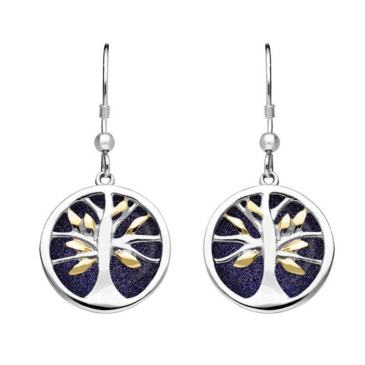 Sterling Silver Gold Plate Blue Goldstone Round Tree of Life Drop Earrings