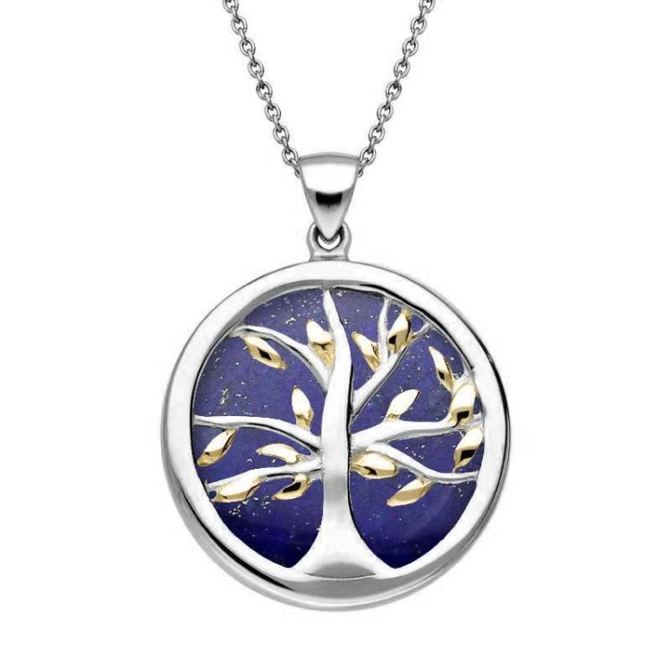 Sterling Silver and Yellow Gold Plated Lapis Lazuli Medium Round Tree of Life Necklace