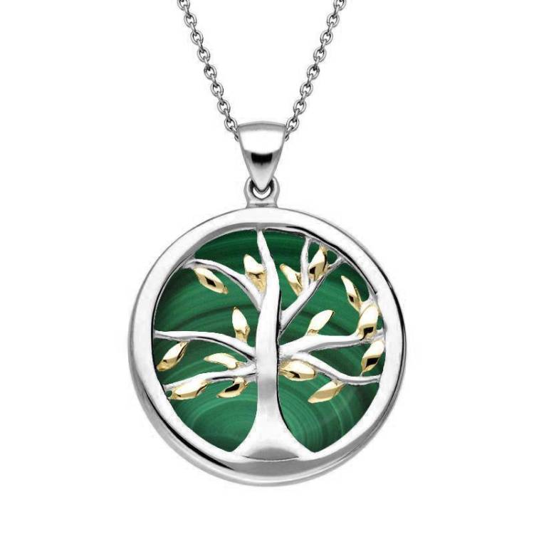 Sterling Silver Gold Plate Malachite Medium Round Tree of Life Necklace