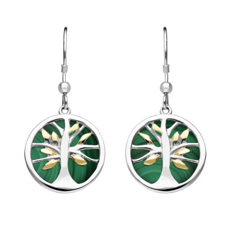 Sterling Silver Gold Plate Malachite Round Tree of Life Drop Earrings