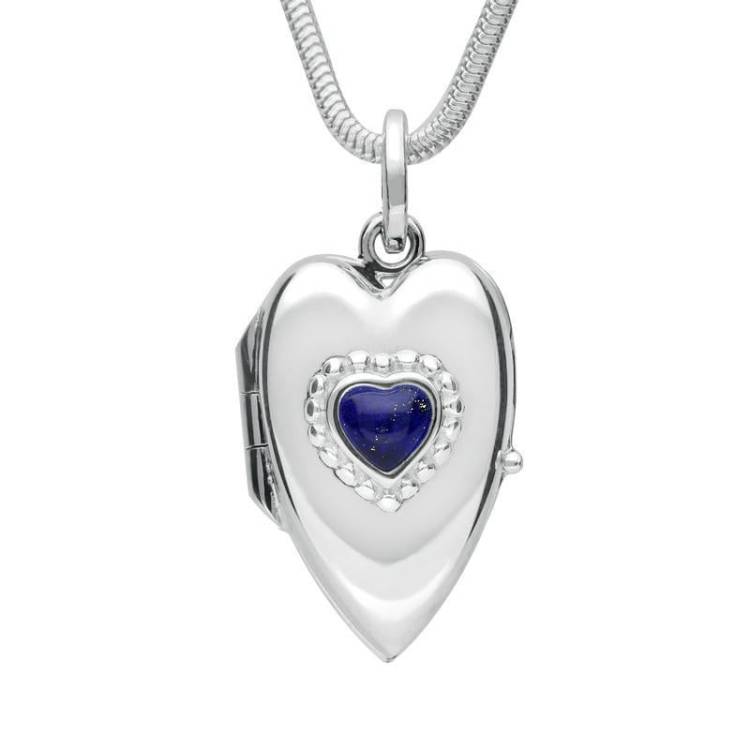 Sterling Silver Lapis Lazuli Beaded Edge Heart Locket Necklace