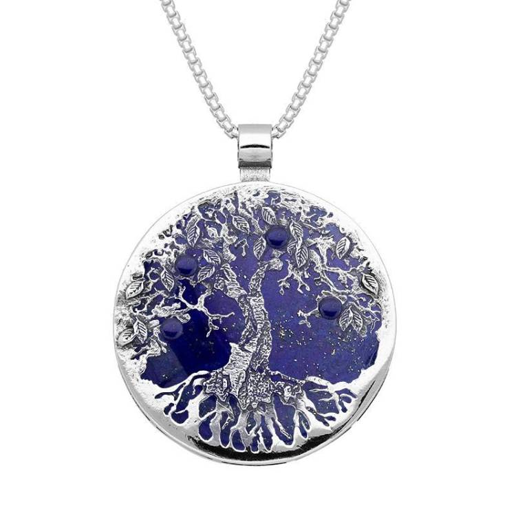 Sterling Silver Lapis Lazuli Large Round Tree Of Life Necklace