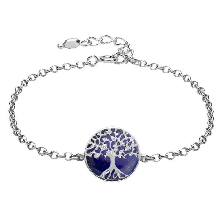 Sterling Silver Lapis Lazuli Round Tree of Life Chain Bracelet