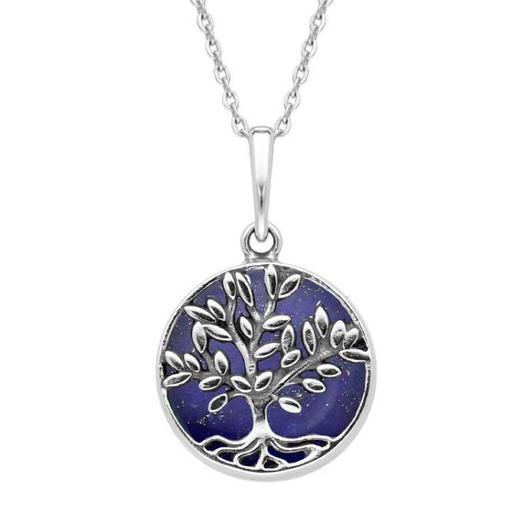 Sterling Silver Lapis Lazuli Small Round Large Leaves Tree of Life Necklace