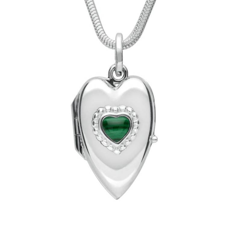 Sterling Silver Malachite Beaded Edge Heart Locket Necklace