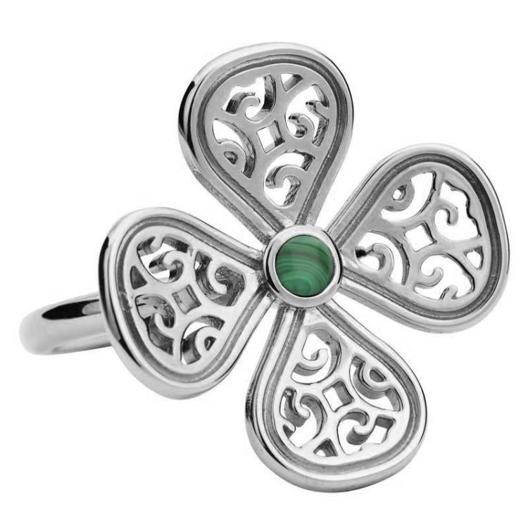 Sterling Silver Malachite Flore Four Petal Filigree Ring