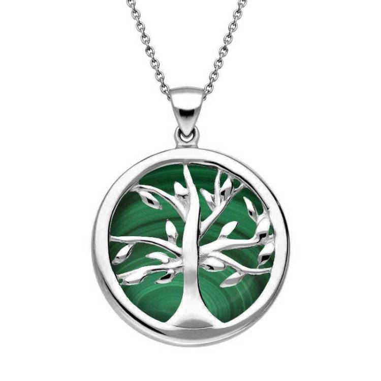 Sterling Silver Malachite Medium Round Tree of Life Necklace