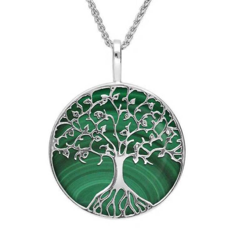 Sterling Silver Malachite Round Tree Of Life Necklace