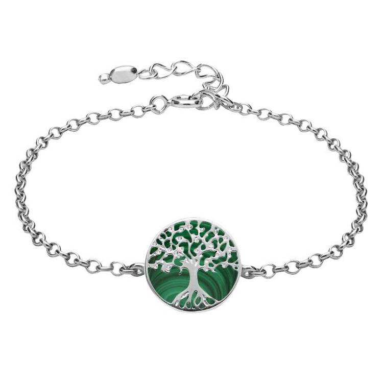 Sterling Silver Malachite Round Tree of Life Chain Bracelet