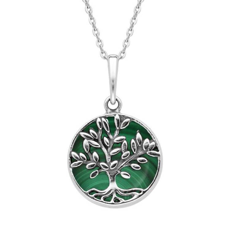 Sterling Silver Malachite Small Round Large Leaves Tree of Life Necklace