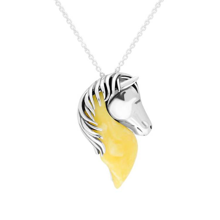 Sterling Silver Milky Amber Large Horse Head Necklace - Option1 Value Silver