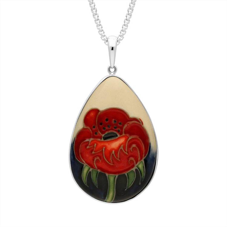 Sterling Silver Moorcroft Forever England 3 Poppy Pear Necklace - Silver
