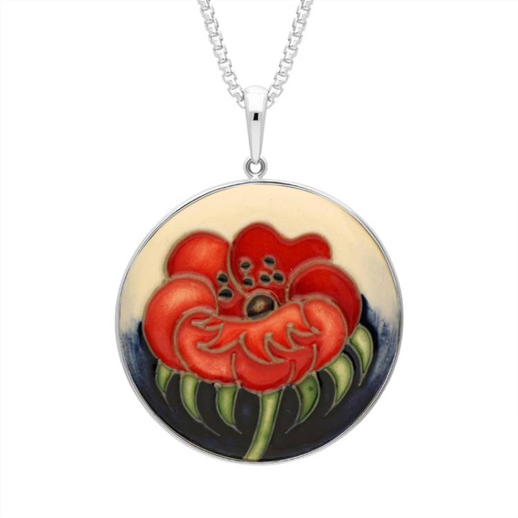 Sterling Silver Moorcroft Forever England 3 Poppy Round Necklace - Silver