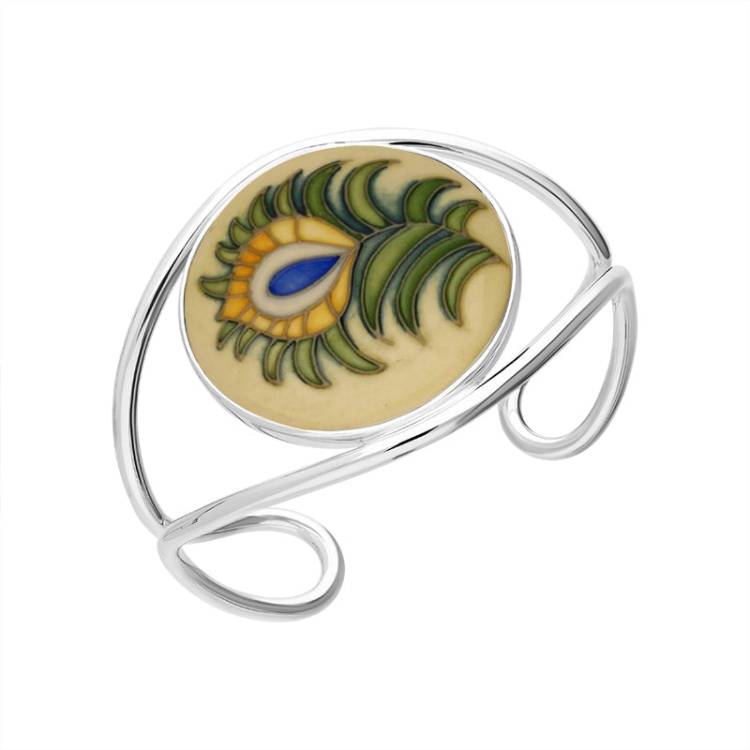 Sterling Silver Moorcroft Round Feather Bangle - Silver
