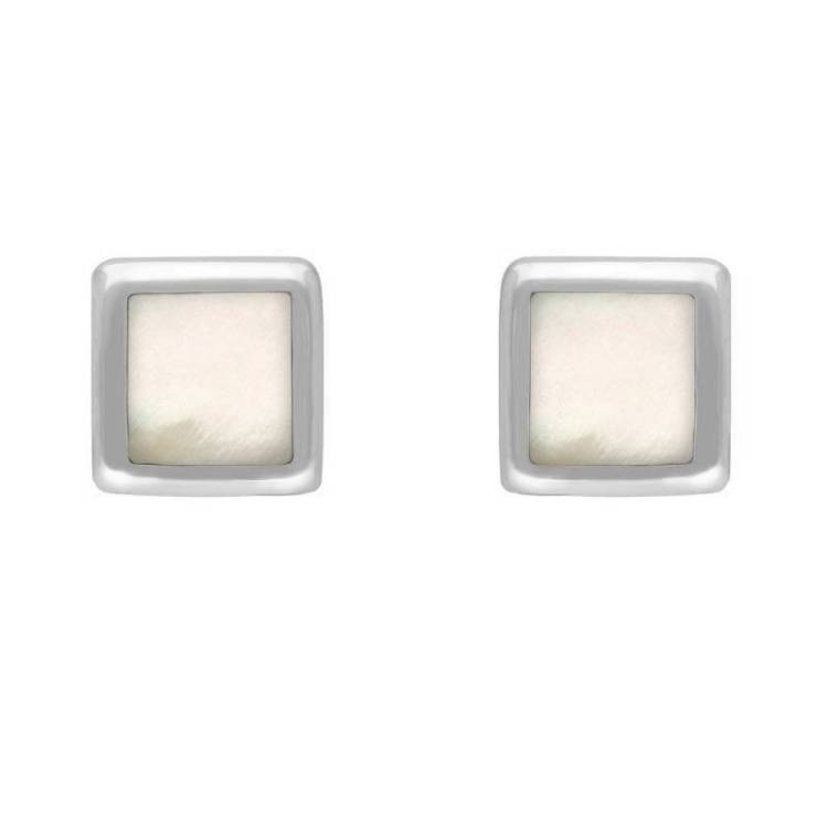 Sterling Silver Mother of Pearl Dinky Square Stud Earrings - Silver
