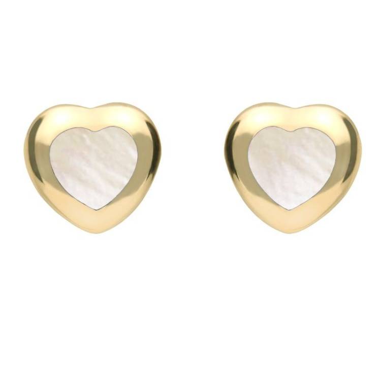 9ct Yellow Gold White Mother of Pearl Framed Heart Stud Earrings - Yellow Gold