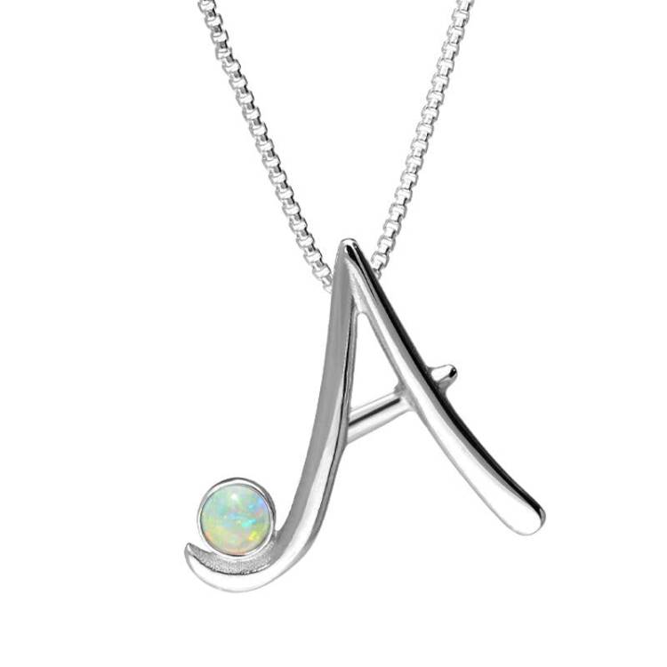 Sterling Silver Opal Love Letters Initial A Necklace - Silver