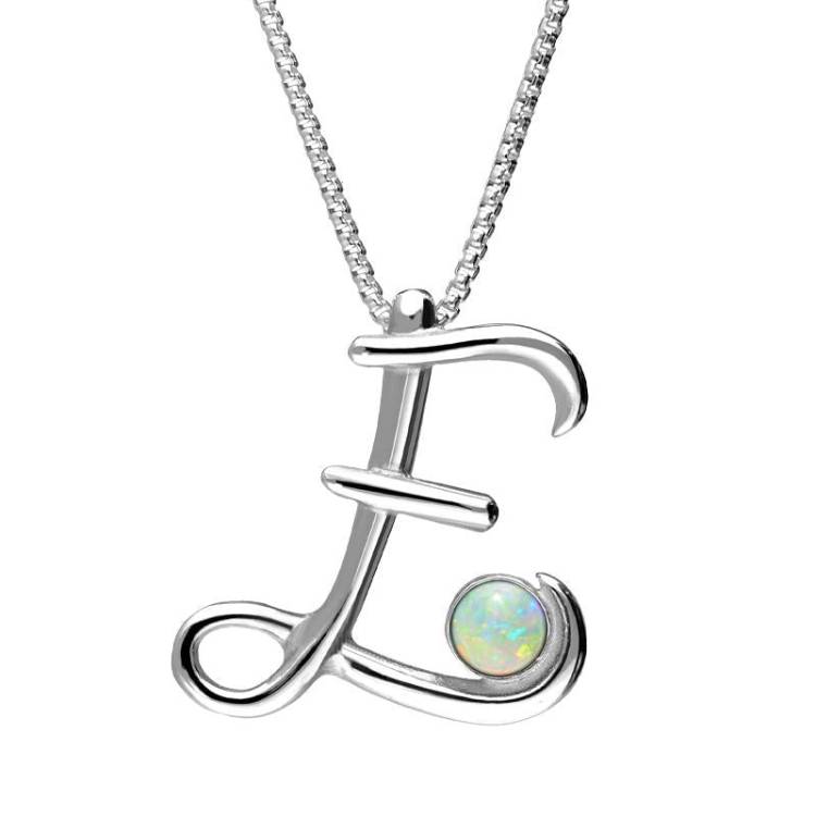 Sterling Silver Opal Love Letters Initial E Necklace - Silver