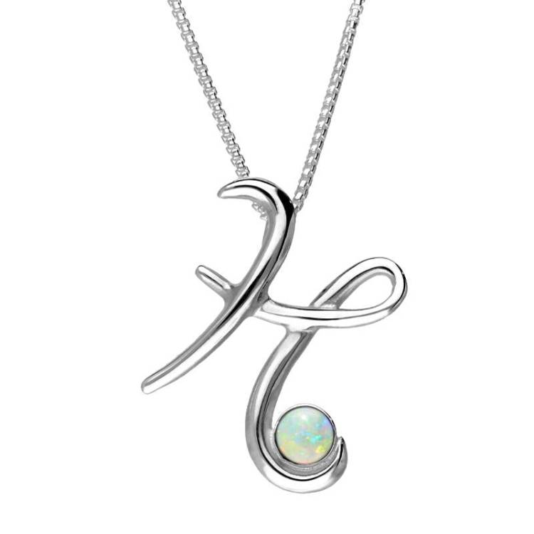 Sterling Silver Opal Love Letters Initial H Necklace - Silver