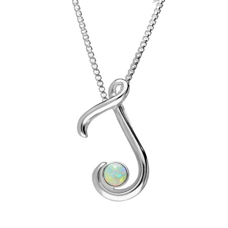 Sterling Silver Opal Love Letters Initial J Necklace - Silver