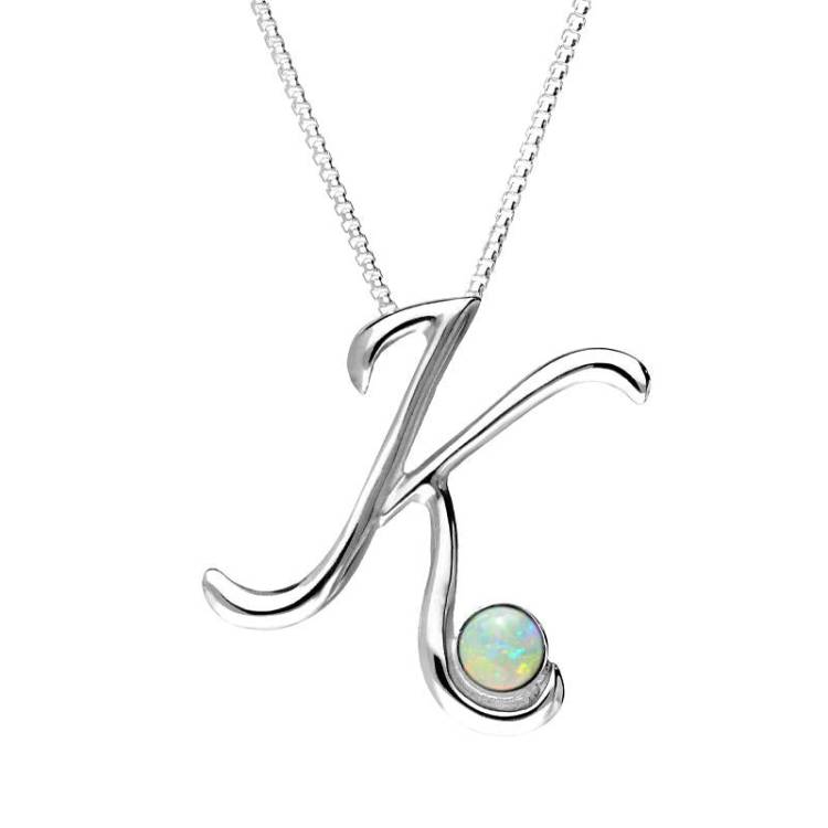 Sterling Silver Opal Love Letters Initial K Necklace - Silver
