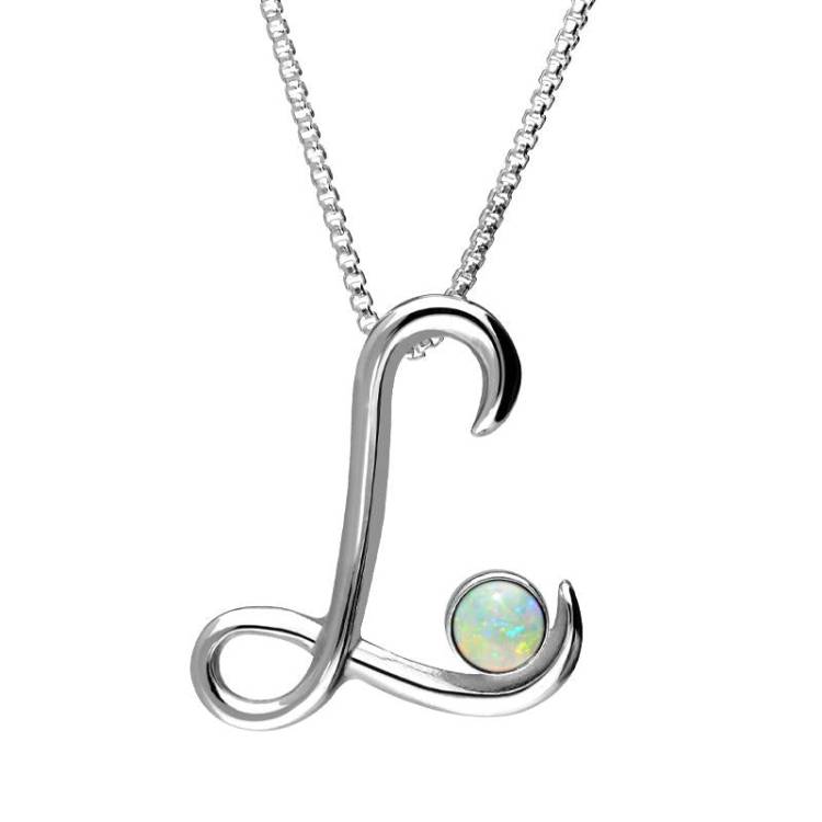 Sterling Silver Opal Love Letters Initial L Necklace - Silver
