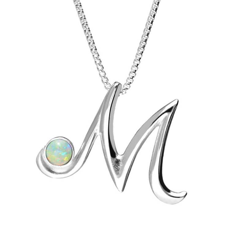 Sterling Silver Opal Love Letters Initial M Necklace - Silver