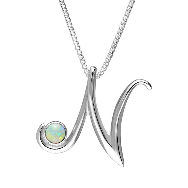 Sterling Silver Opal Love Letters Initial N Necklace - Silver