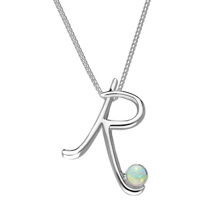 Sterling Silver Opal Love Letters Initial R Necklace - Silver