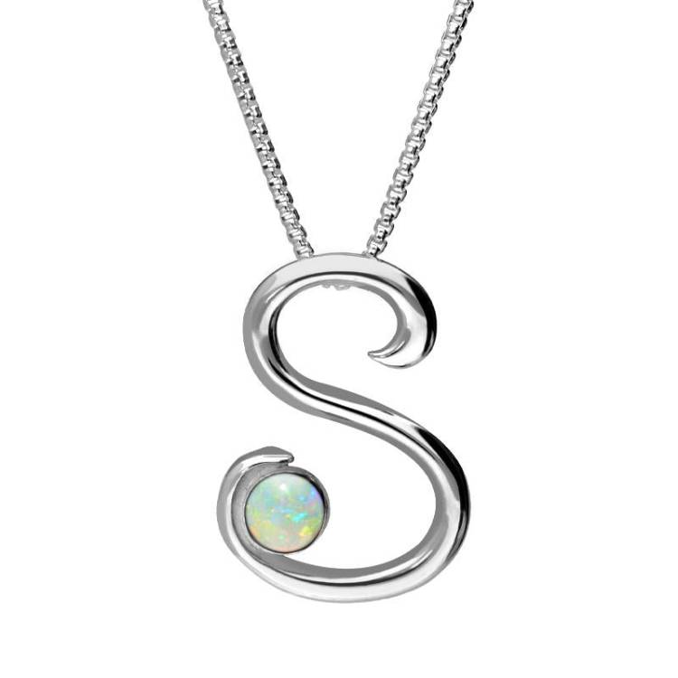 Sterling Silver Opal Love Letters Initial S Necklace - Silver