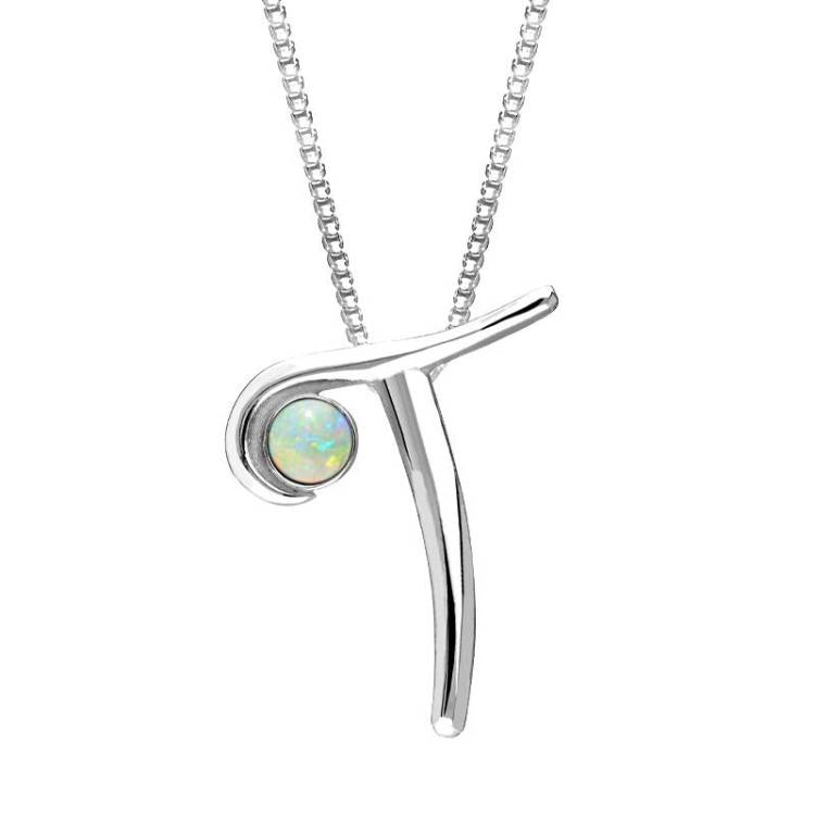 Sterling Silver Opal Love Letters Initial T Necklace - Silver