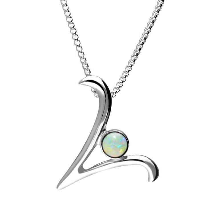 Sterling Silver Opal Love Letters Initial V Necklace - Silver