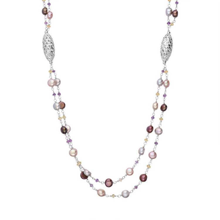 Sterling Silver Pearl Double Chain Beaded Necklace D