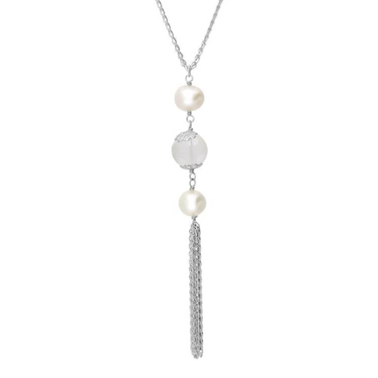 Sterling Silver Pearl Crystal Triple Stone Tassel Drop Necklace