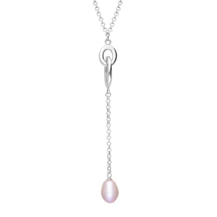 Sterling Silver Pink Pearl Oval Double Drop Necklace D - Silver