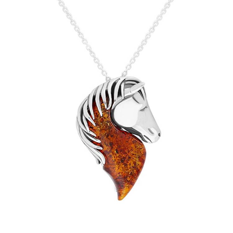 Sterling Silver Red Amber Large Horse Head Necklace - Option1 Value Silver
