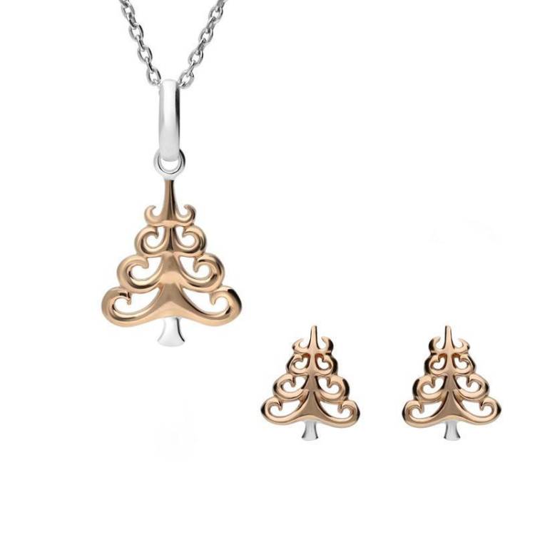 Rose Gold Plated Sterling Silver Christmas Tree Two Piece Set