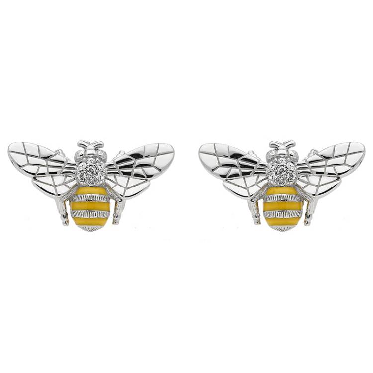 Sterling Silver Swarovski Crystal Yellow Enamel House Style Bee Stud Earrings - Silver