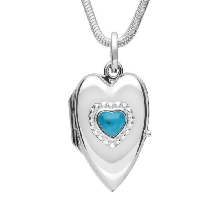 Sterling Silver Turquoise Beaded Edge Heart Locket Necklace