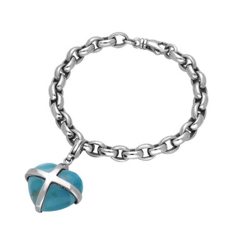Sterling Silver Turquoise Cross Heart Link Charm Bracelet D - Option1 Value Silver